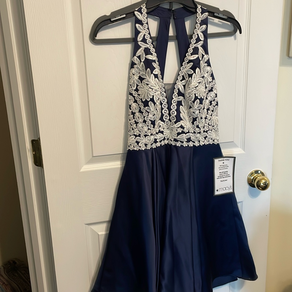 Blondie Nites Navy And White Satin And Lace Dress